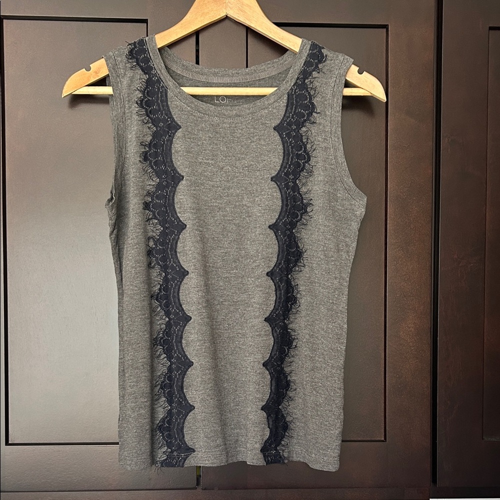 LOFT Gray Sleeveless Top with Lace Detail, S